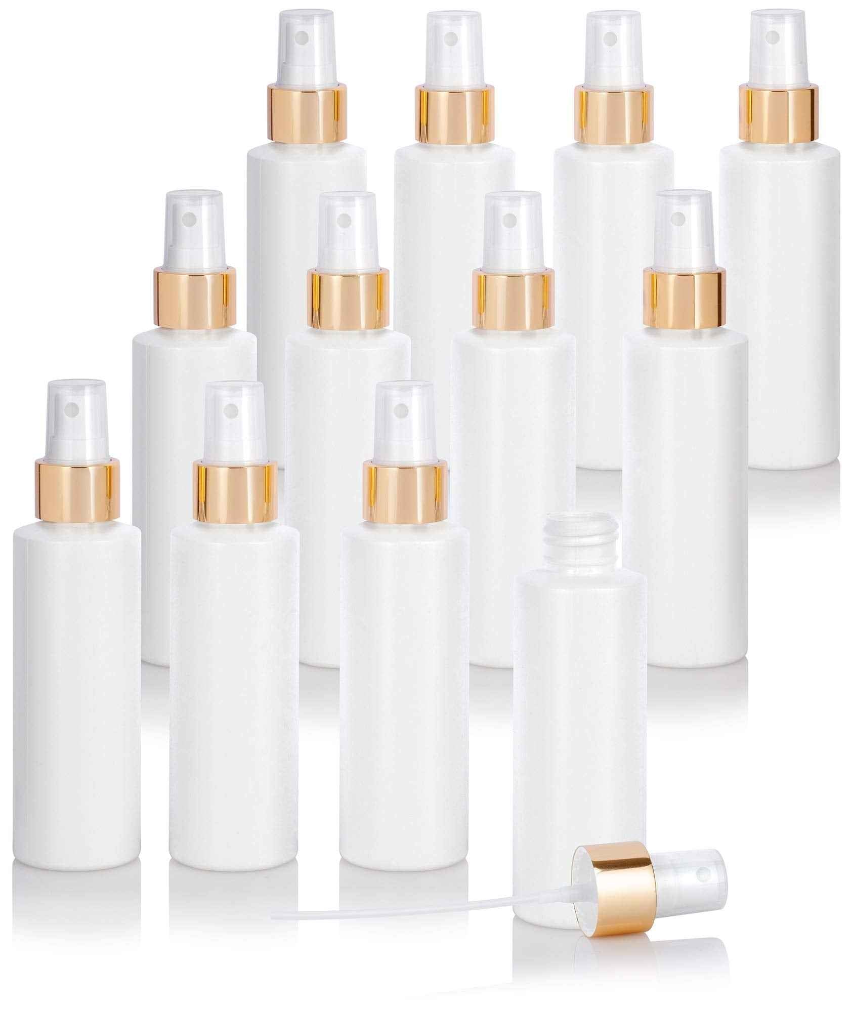 JUVITUS 4 oz / 120 ml White Plastic HDPE Refillable Cylinder Squeeze Bottle with Gold Fine Mist Spray (12 Pack)