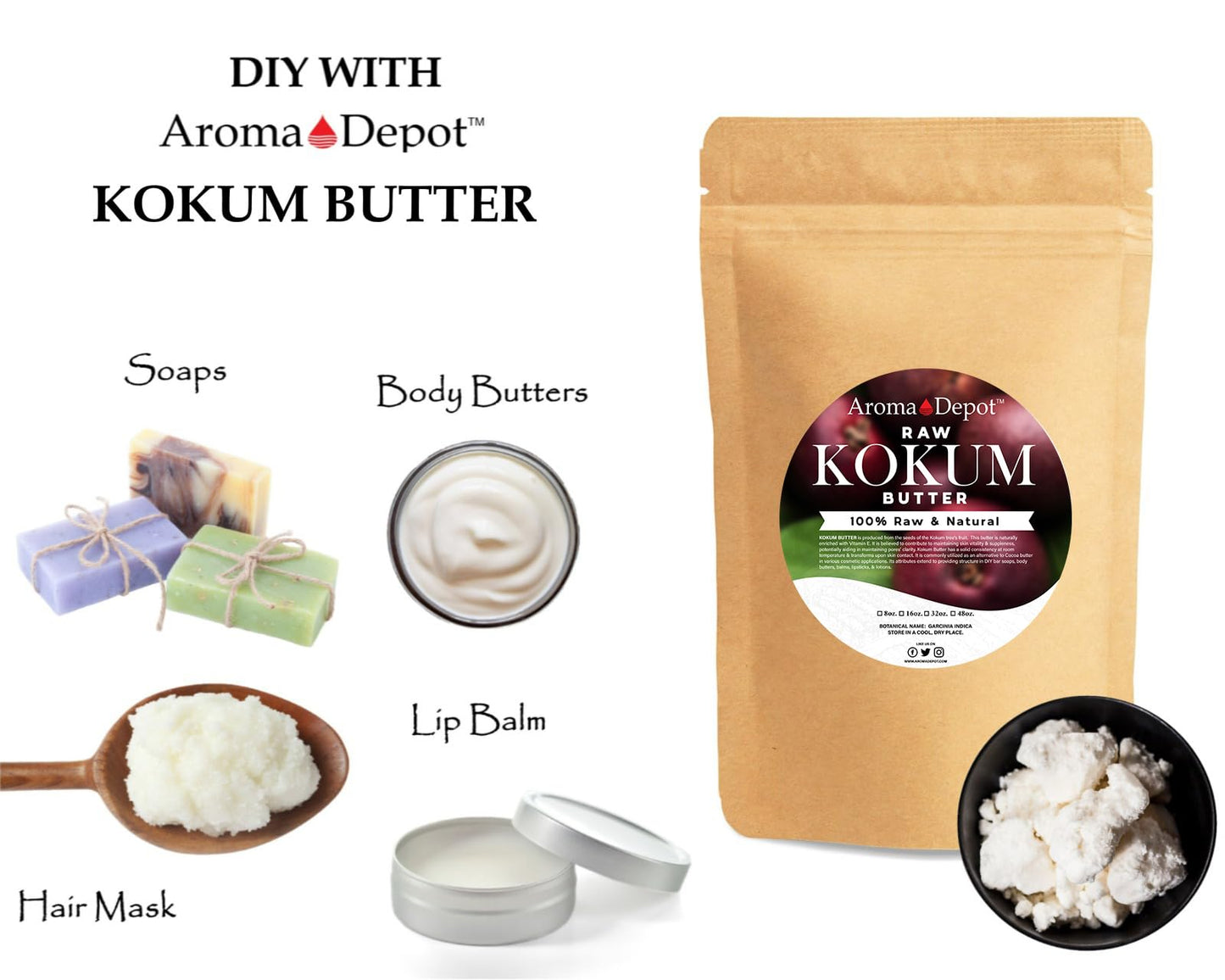 Aroma Depot 3 lb. Raw Kokum Butter Great for Skin, Body and Hair. 100% Pure I Natural I Cold Pressed I Thickener for Body Butters, Sunscreens, Soaps, Deodorants and Lotions.