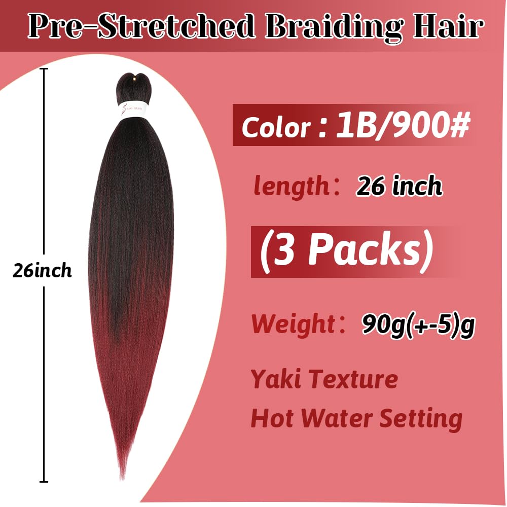 Pre stretched Braiding Hair 26 Inch Braiding Hair Extensions Hot Water Setting Synthetic Hair Pre Stretched Crochet Braids Hair(26 Inch,3 Packs,1B/900#