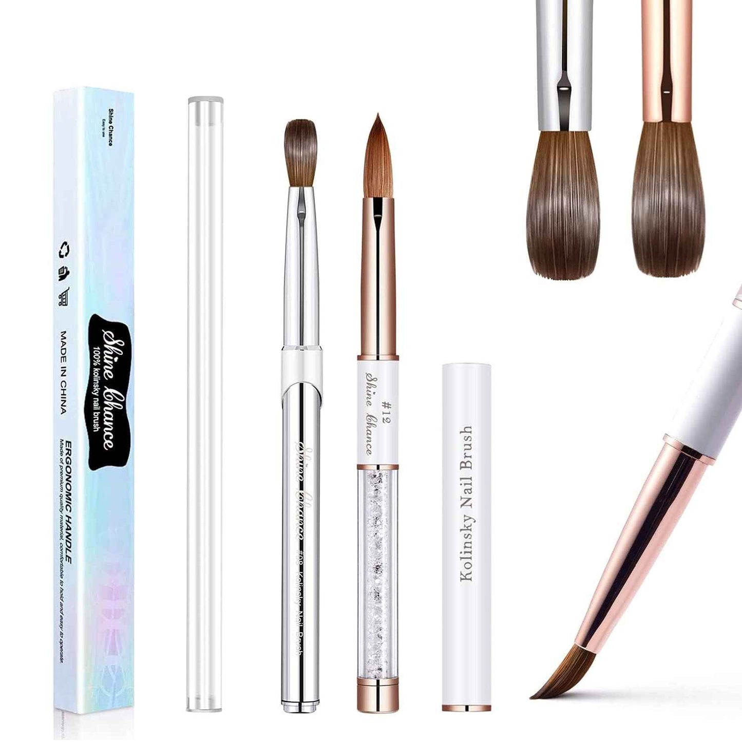 Shine Chance 2Pcs Acrylic Nail Art Brush Size 12, 100% Pure Kolinsky Hair Oval Nail Brush for Acrylic Application, Professional Nail Extension Manicure Tool Striping Nail Drawing Pen for Home Salon