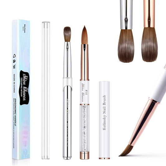 Shine Chance 2Pcs Acrylic Nail Art Brush Size 12, 100% Pure Kolinsky Hair Oval Nail Brush for Acrylic Application, Professional Nail Extension Manicure Tool Striping Nail Drawing Pen for Home Salon