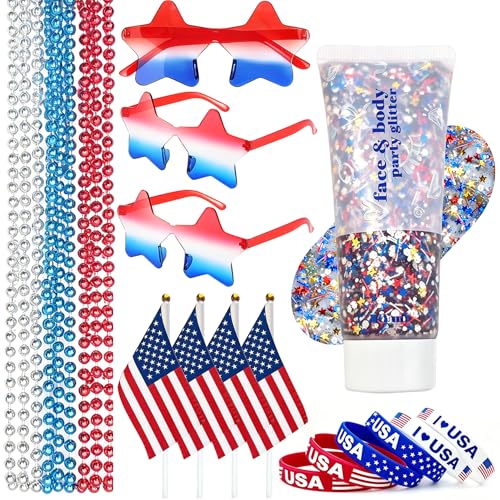 4th of July Patriotic Accessories Set - Glitter Gel, Necklaces & Bracelets