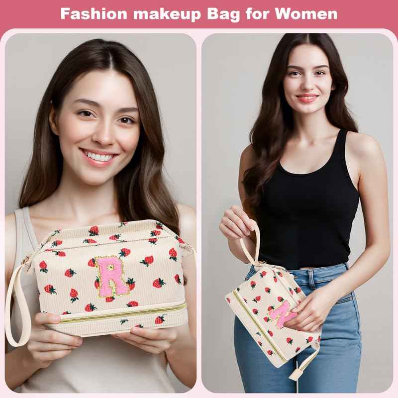 DTBG Personalized Initial Makeup Bag,Strawberry Quilted Makeup bag Christmas Gifts for Girls,Double Layer Travel cosmetic Bag with Make up Brush Organizer,Cute Travel Toiletry Pouch-M