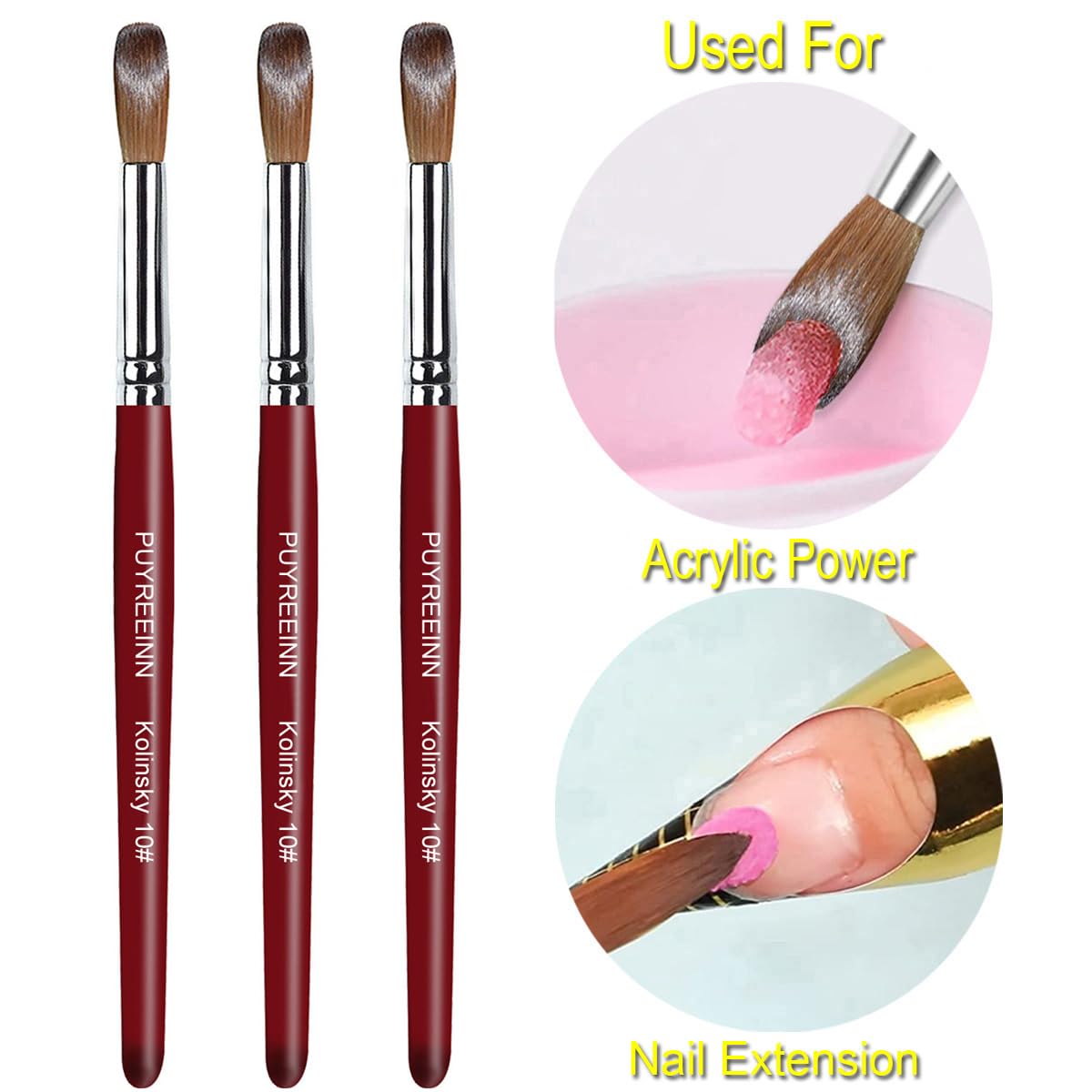 PUYREEINN Acrylic Nail Brush with Kolinsky Sable Hair and Red Wooden Hand, Round Professional Gel Brush for Acrylic Power and Nail Extension Size 8,10,12 (Size8 and Size12)