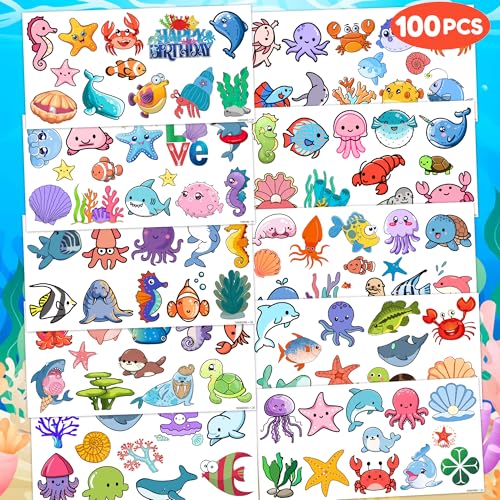 Under The Sea Temporary Tattoos 10 Sheets 110 PCS Ocean Animals Party Decorations Favors Supplies Summer Theme Birthday Cute Stickers Christmas Gifts for Boys Girls Class School Prizes Carnival
