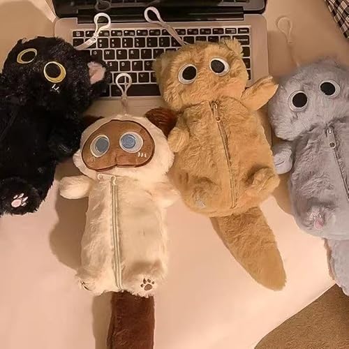 ZQW Cute Kawaii Y2K Plush Furry Cat Kitten Pencil Case Pouch Makeup Bag - Plush Doll Organizer for Cosmetics and Accessories (Black)