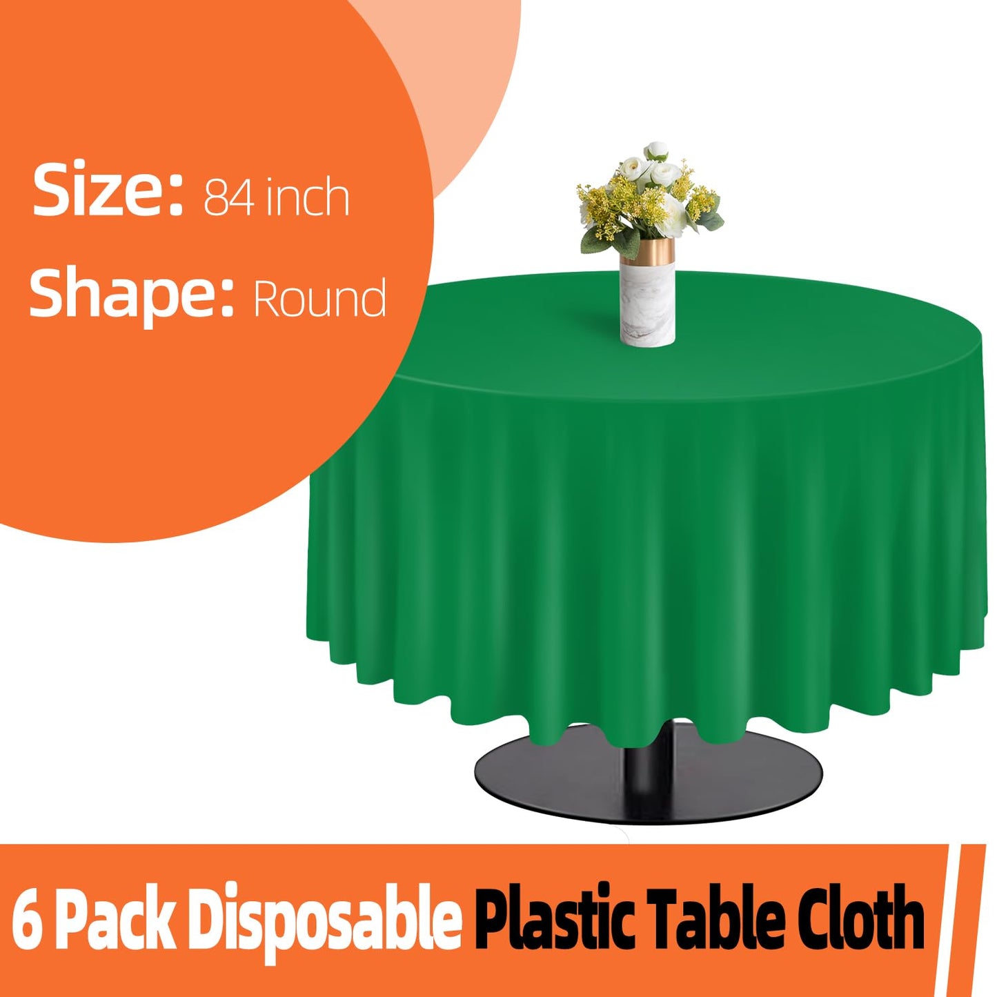 tujol Green 6 Pack Plastic Table Cloth 84", Disposable Round Tablecloth Table Cover, Plastic Table Cloths for Parties