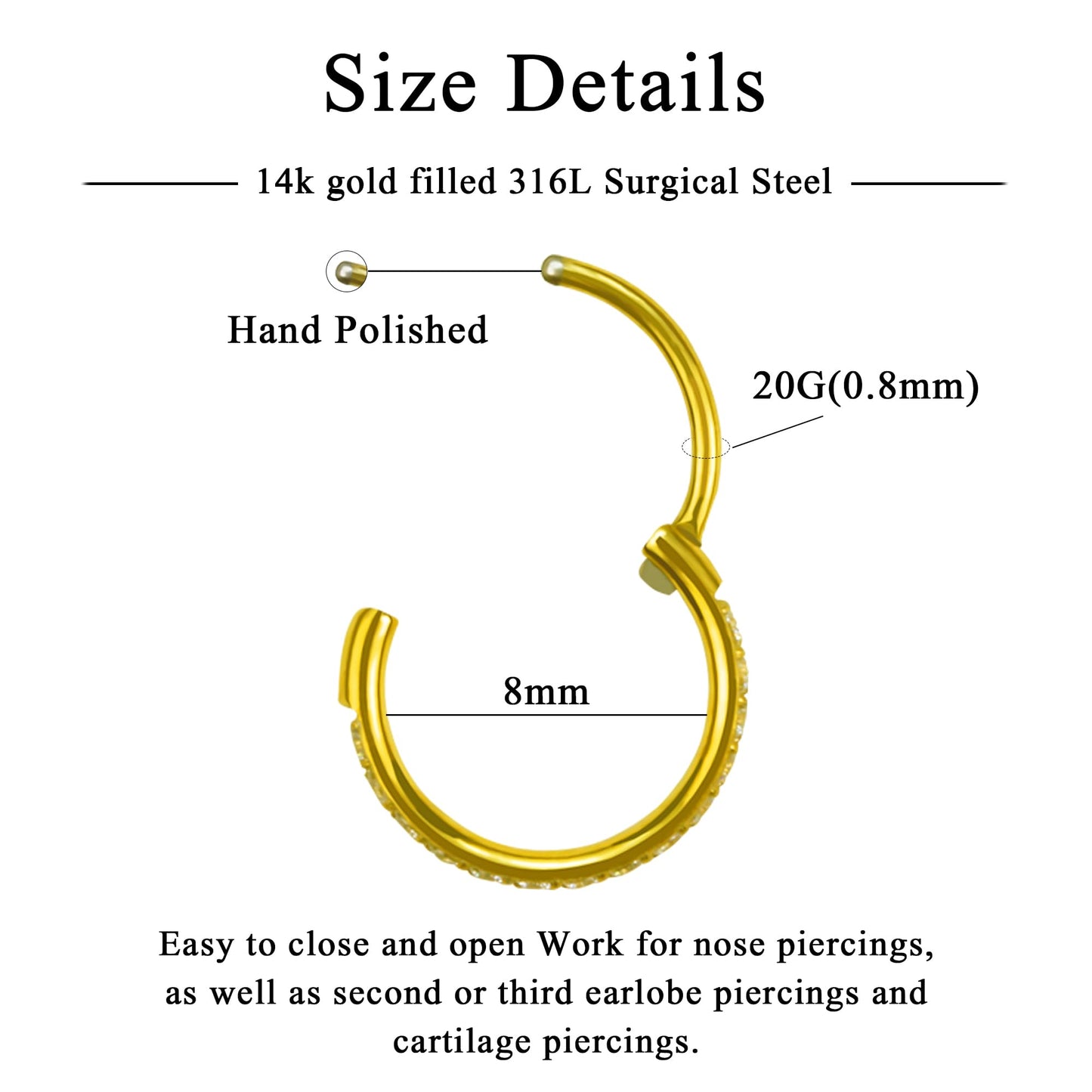 SmileBelle 14K Gold Hinged Nose Rings Hoop for Women 20G, 316L Surgical Steel Clicker Septum Ring, Hoop Huggie Earring for Upper Lobe Cartilage Helix Piercing Jewelry (8mm, Cubic Zirconia)