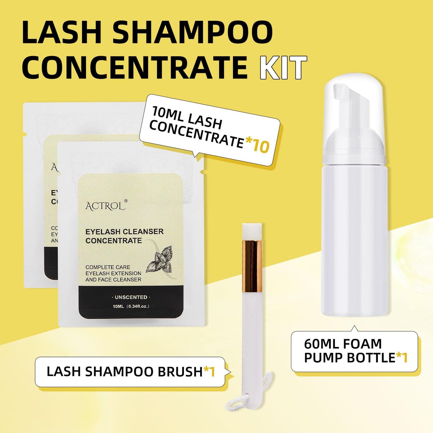 Lash Shampoo Concentrate 100ml Unscented Eyelash Extension Shampoo 10 Bags 10ml Pack Natural Foaming Cleanser 60ml Bottled Cleansing Brush DIY Lashes & Salon Home Care