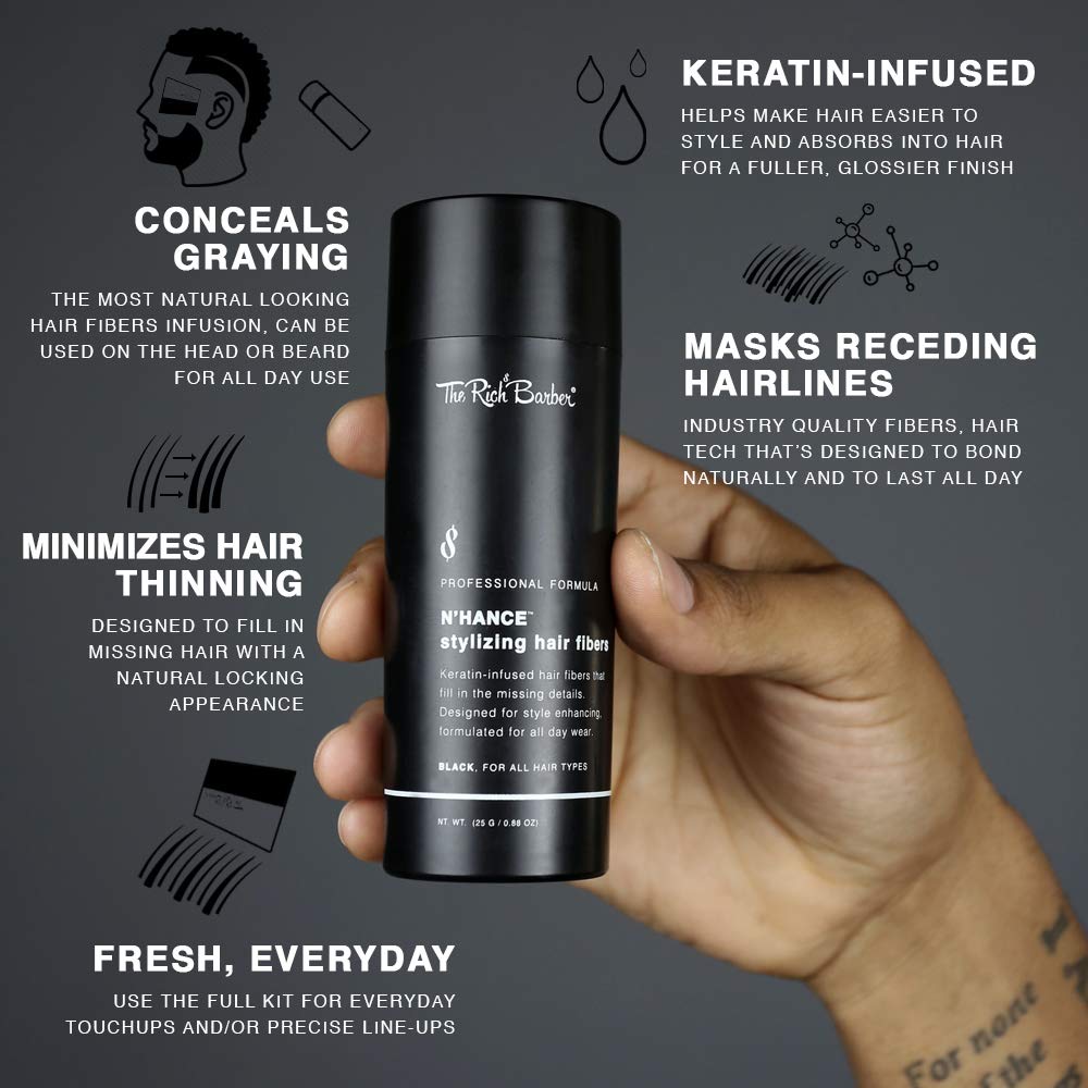 The Rich Barber N’Hance Hair Building Fibers, 3 Month Supply - Barber Hair Thickening Fibers, 25 grams - Grey Hair Concealer Spray - Sharper Hairlines, Thicker Beard & Fuller Hairstyling (Black)