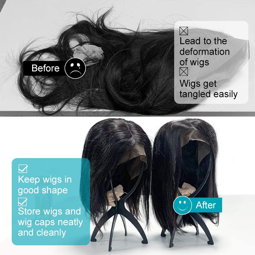 Suttie 2PCS Wig Stand Portable Wig Stand Collapsible Wig Holder Durable Wig Display Tool Travel Wig Stand for All Wigs (Black)