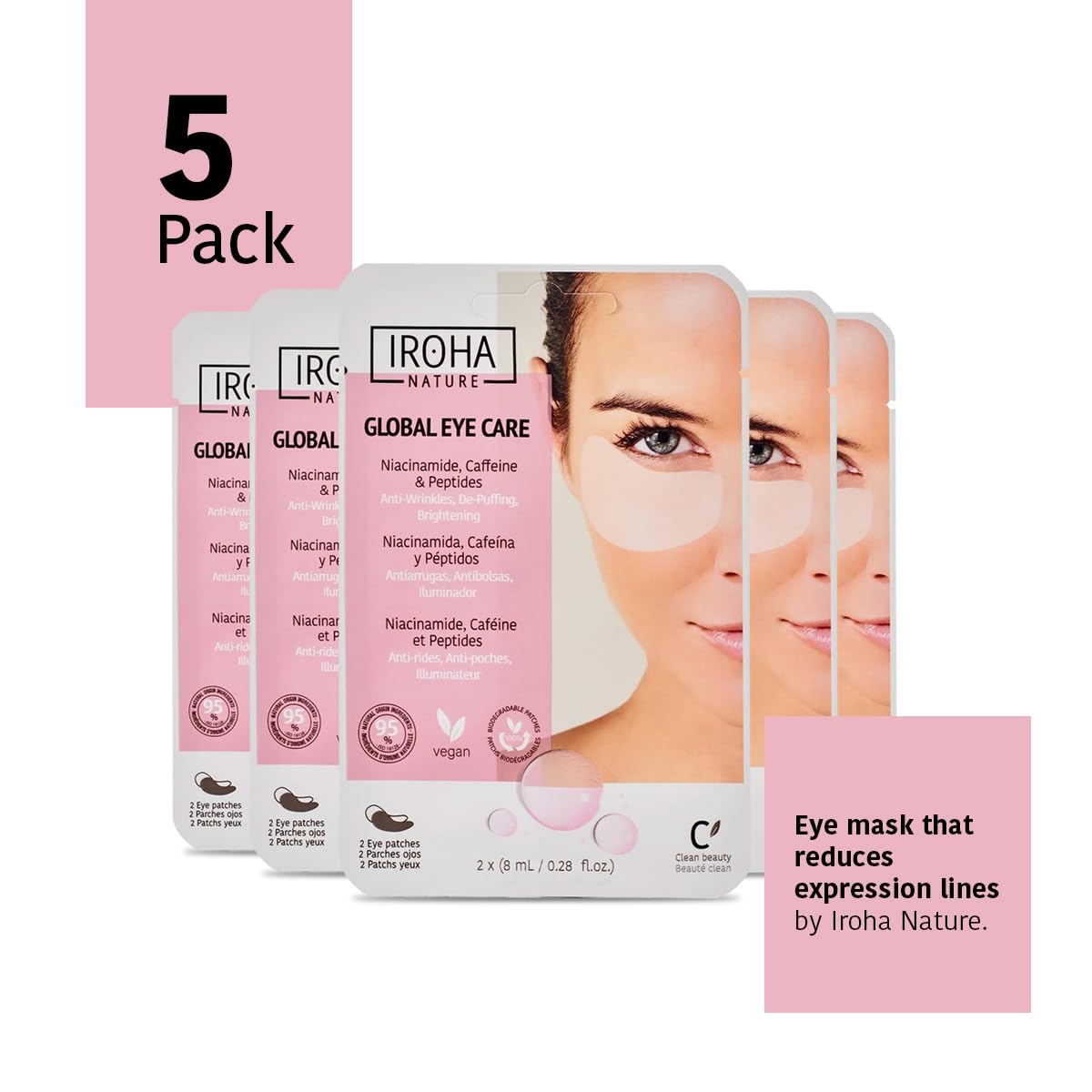 IROHA NATURE Eye Masks, Reduces Wrinkles, Dark Circles & Puffiness - Pack of 5 Pairs - Hydrating Patches with Niacinamide, Caffeine, Peptides - Vegan, Cruelty-Free, Skincare, Under Eye Treatment, Gift