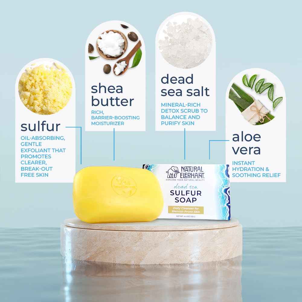 Natural Elephant Dead Sea Sulfur Soap 4.4 oz with Dead Sea Salt, Aloe Vera, Sulphur Face and Body Cleanser Bar for All Skin Types (3 Pack (13.2 oz Total))