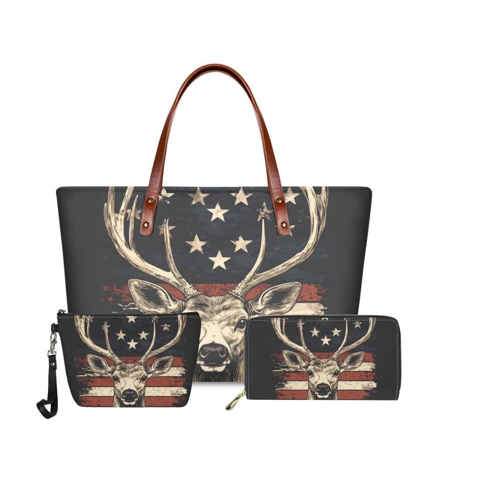 GIFTPUZZ American Flag Deer 3 Pcs Large Handbags for Women with Zipper Travel Wallets, Large Capacity Top-Handle Bags, PU Leather Purse Clutch Bag Portable Cosmetic Case