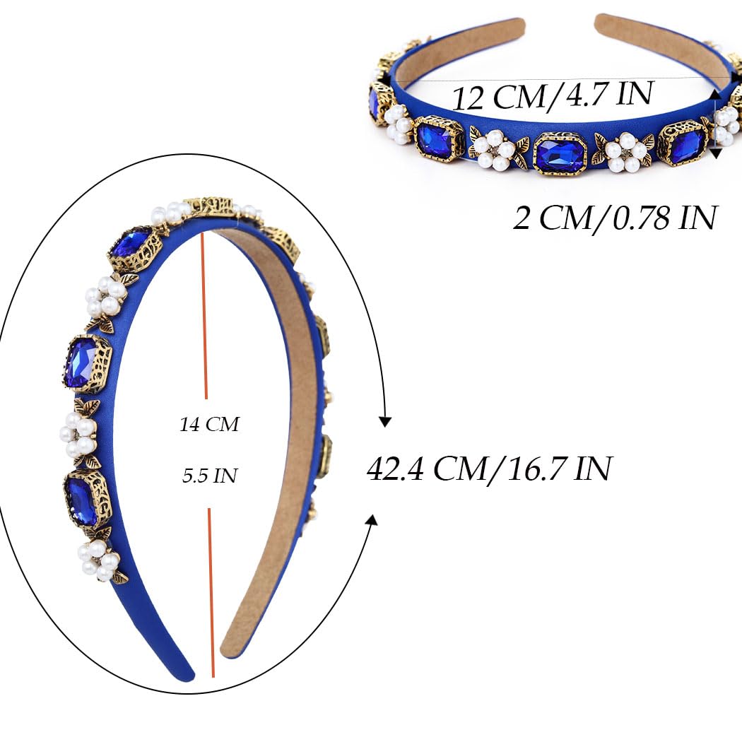 Coridy Thin Blue Headbands for Women Pearl Rhinestone Hairbands with Gold Leaf Emeralds Head Band Bejeweled Headbands (STYLISH)