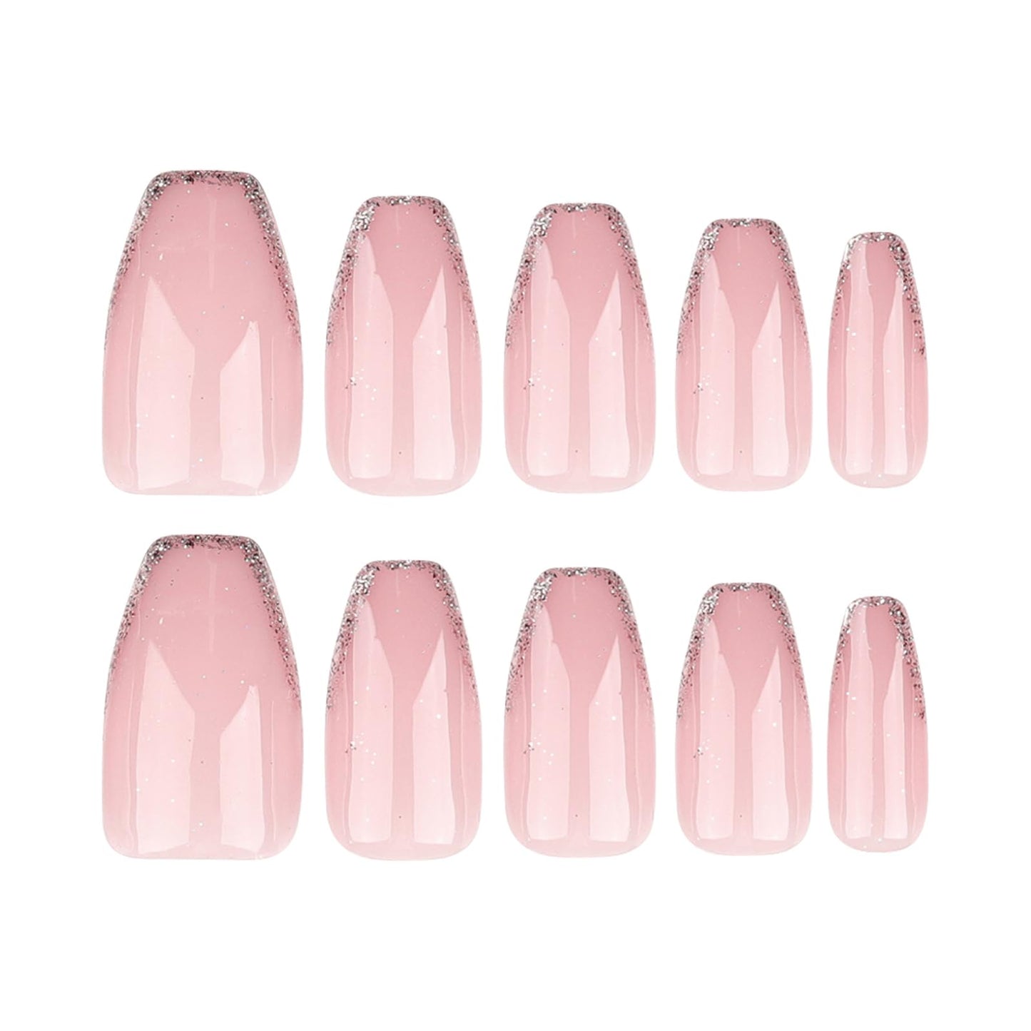 MISUD Press on Nails Medium Coffin Fake Nails Glossy Glue on Nails Nude Pink Gel Acrylic Nails Ballerina Artificial Nails Bling Glitter French Tip Stick on False Nails with Design 24 pcs