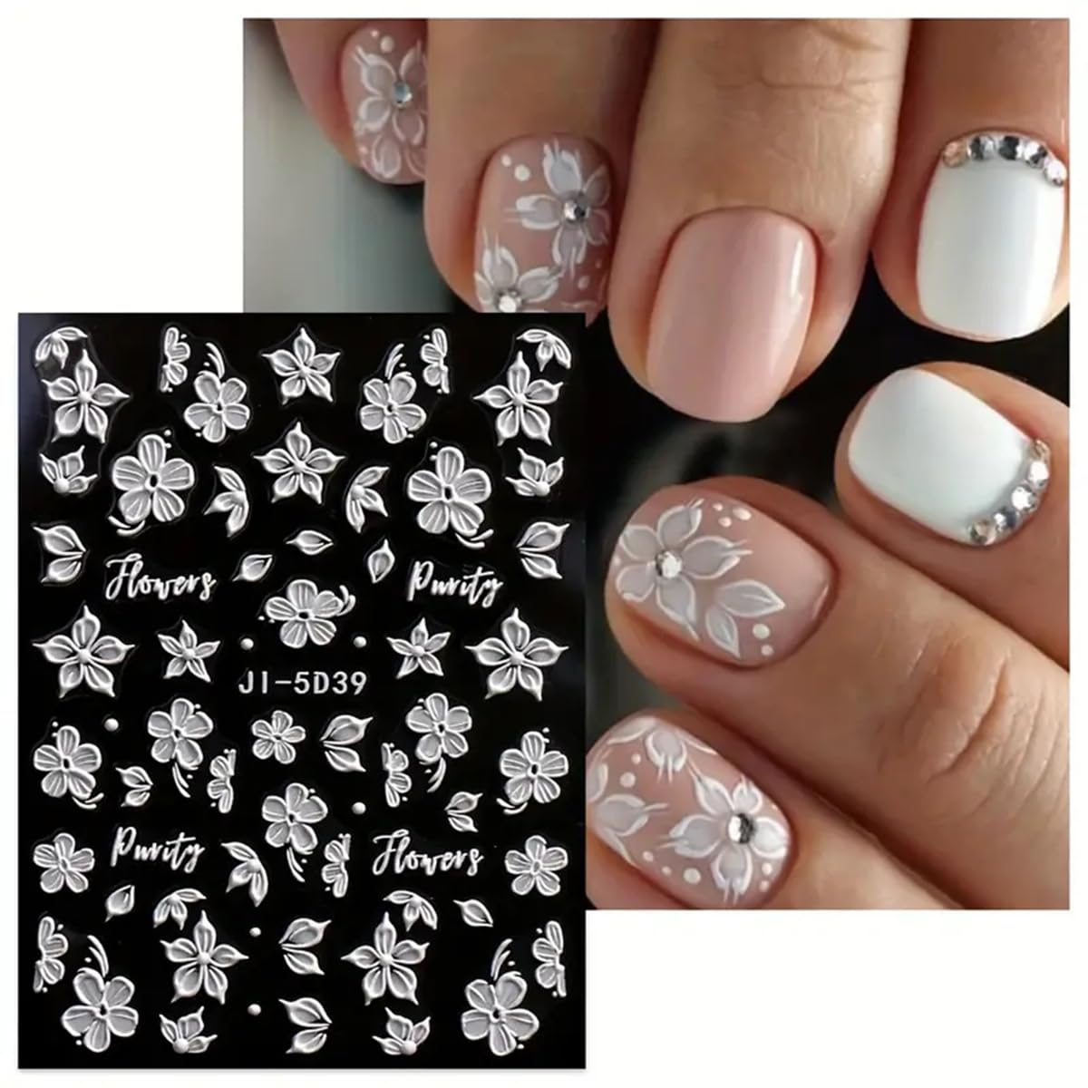 Flower Nail Art Stickers Decals White Flower Nail Stickers 5D Embossed Nail Decals Spring White Flowers Leaf Engraved Nail Art Design Supplies Flower Stickers for Nails Women Manicure Nail Decoration