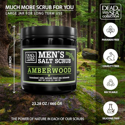 Dead Sea Collection Amber Wood Salt Body Scrub for Men - Large 23.28 OZ - with Pure Oils and Dead Sea Minerals