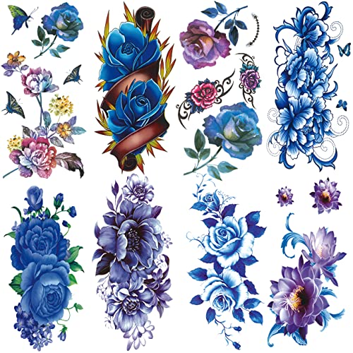 Waterproof Temporary Tattoo Stickers - 8 Sheets Flower & Butterfly Designs