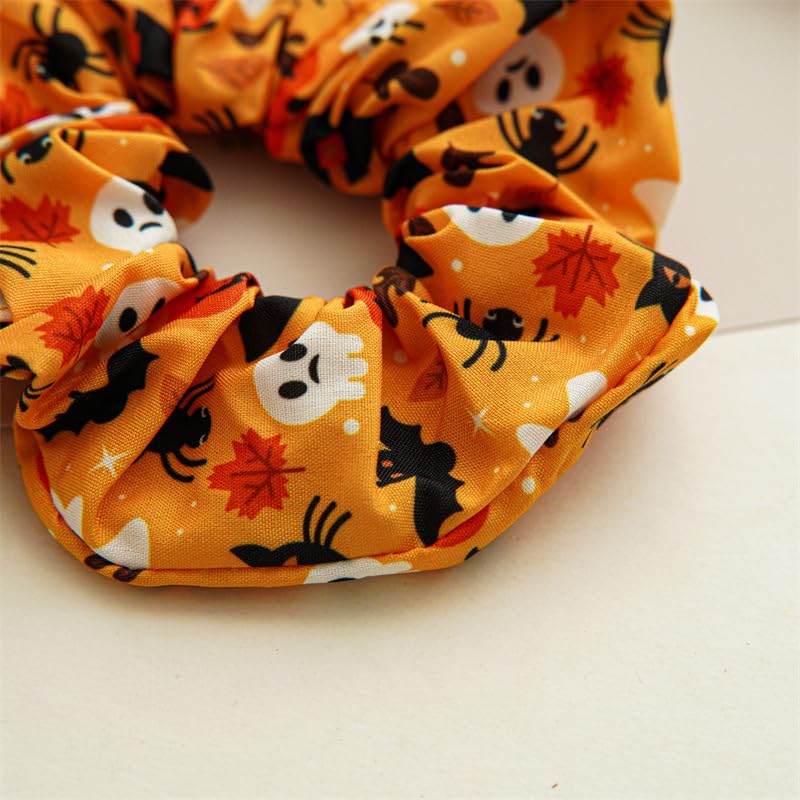 4 Packs Halloween Scrunchies Hair Ties Silk Satin Scrunchy for Hair Halloween Spooky Ghost Pumpkin Spider Bat Print Design Elastic Hair Bands Ponytail Holders Hair Scrunchy for Women Hair Accessories