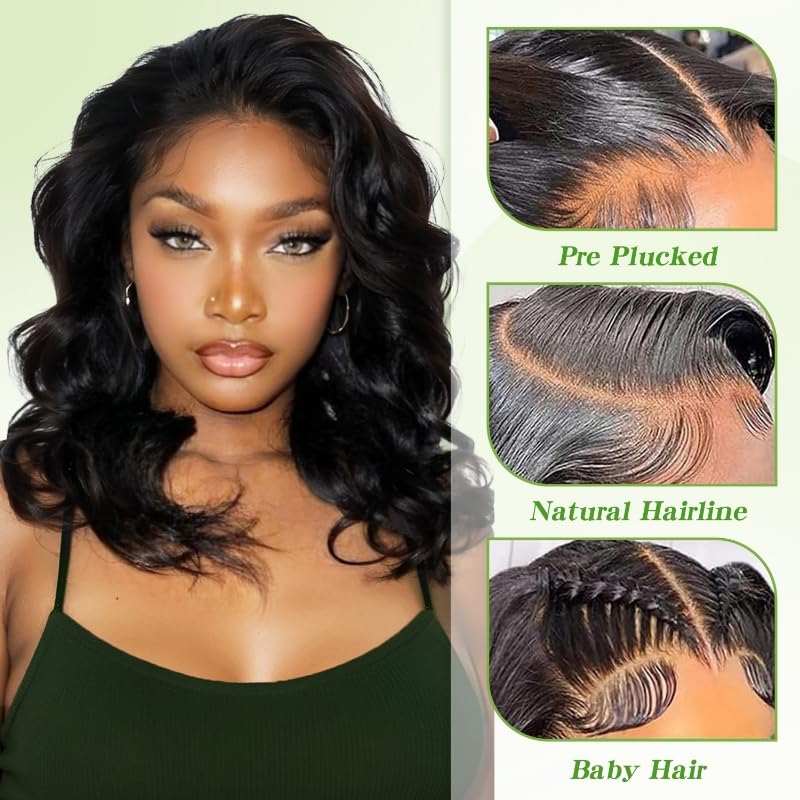 Body Wave 13x6 HD Lace Front Wig - 12 Inch Bob, 200% Density