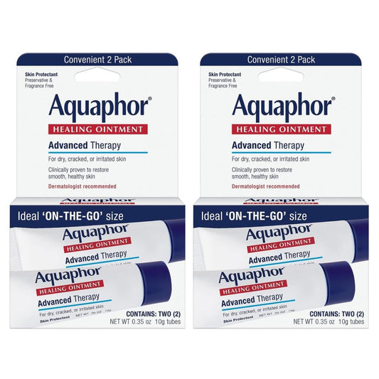 Aquaphor Healing Ointment Advanced Therapy Skin Protectant, Travel Size Body Moisturizer for Dry Skin, Minor Cuts and Burns, Dry Cuticles, Cracked Heels, Hands and Lips, 0.35 Oz Tube (2 x Pack of 2)