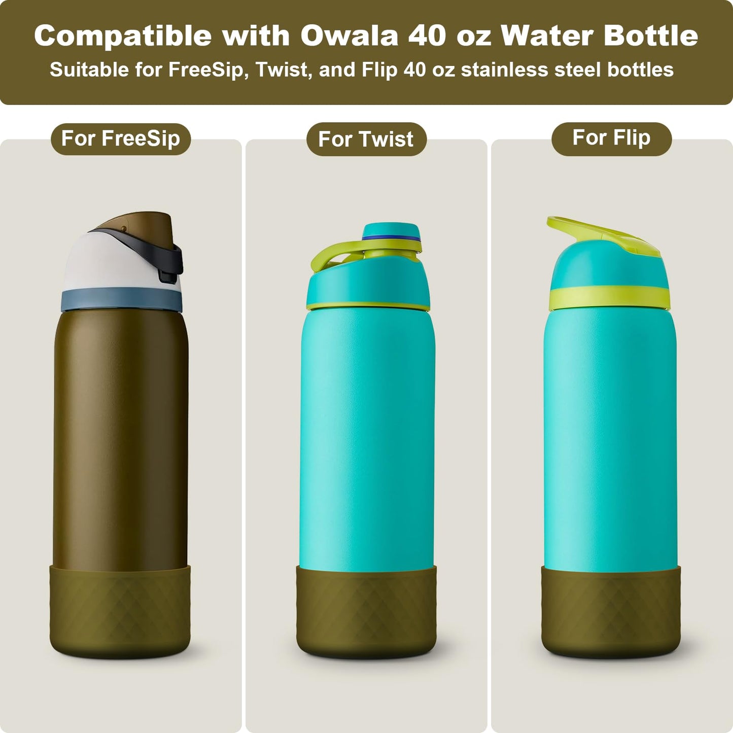 Alwenid 2PCS Silicone Water Bottle Boot for Owala 40 Oz, Anti-Slip Protective Sleeve Bottom Bumper Protector for FreeSip, Twist, and Flip Stainless Steel Water Bottles (Brown Green)