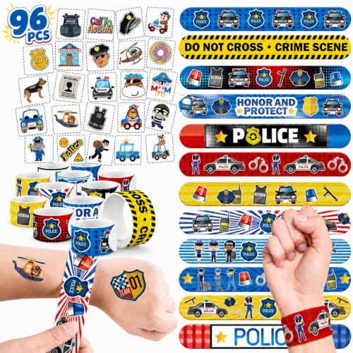 Police Party Favors Set - 96 Pc Kit with Slap Bracelets & Tattoos