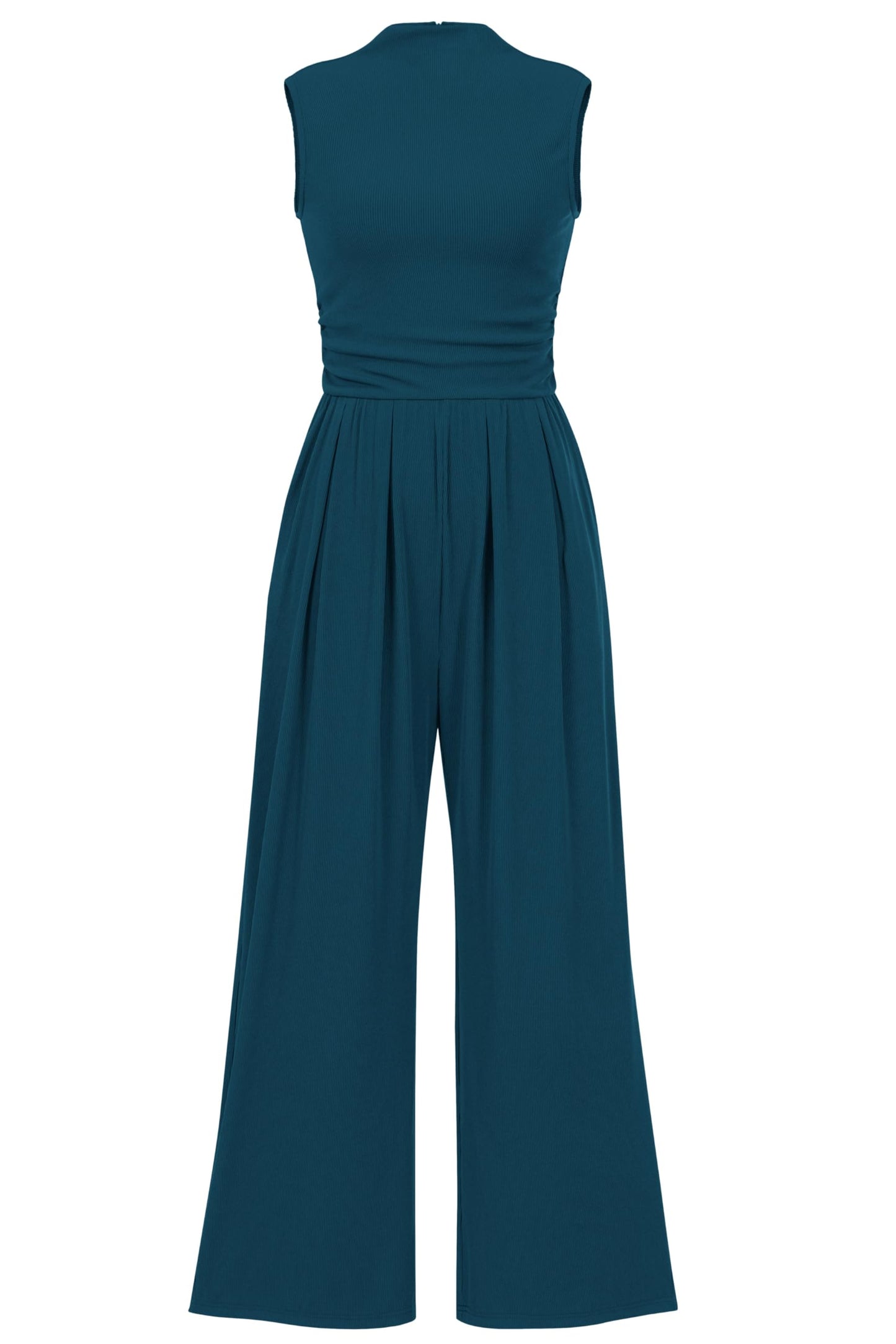 PRETTYGARDEN Womens Summer Jumpsuits Dressy Casual One Piece Outfits Sleeveless Mock Neck Wide Leg Pants Rompers with Pockets (Lake Blue,Small)