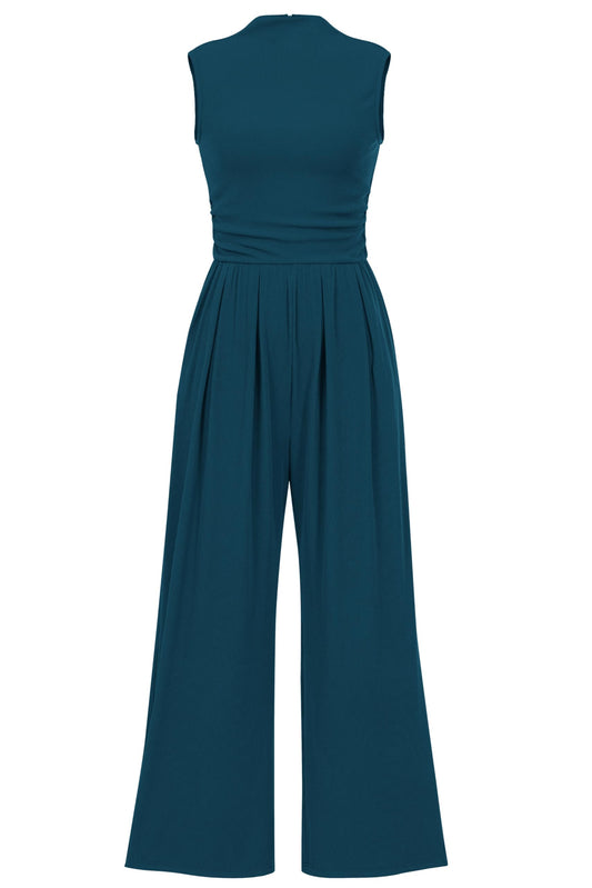 PRETTYGARDEN Womens Summer Jumpsuits Dressy Casual One Piece Outfits Sleeveless Mock Neck Wide Leg Pants Rompers with Pockets (Lake Blue,Small)