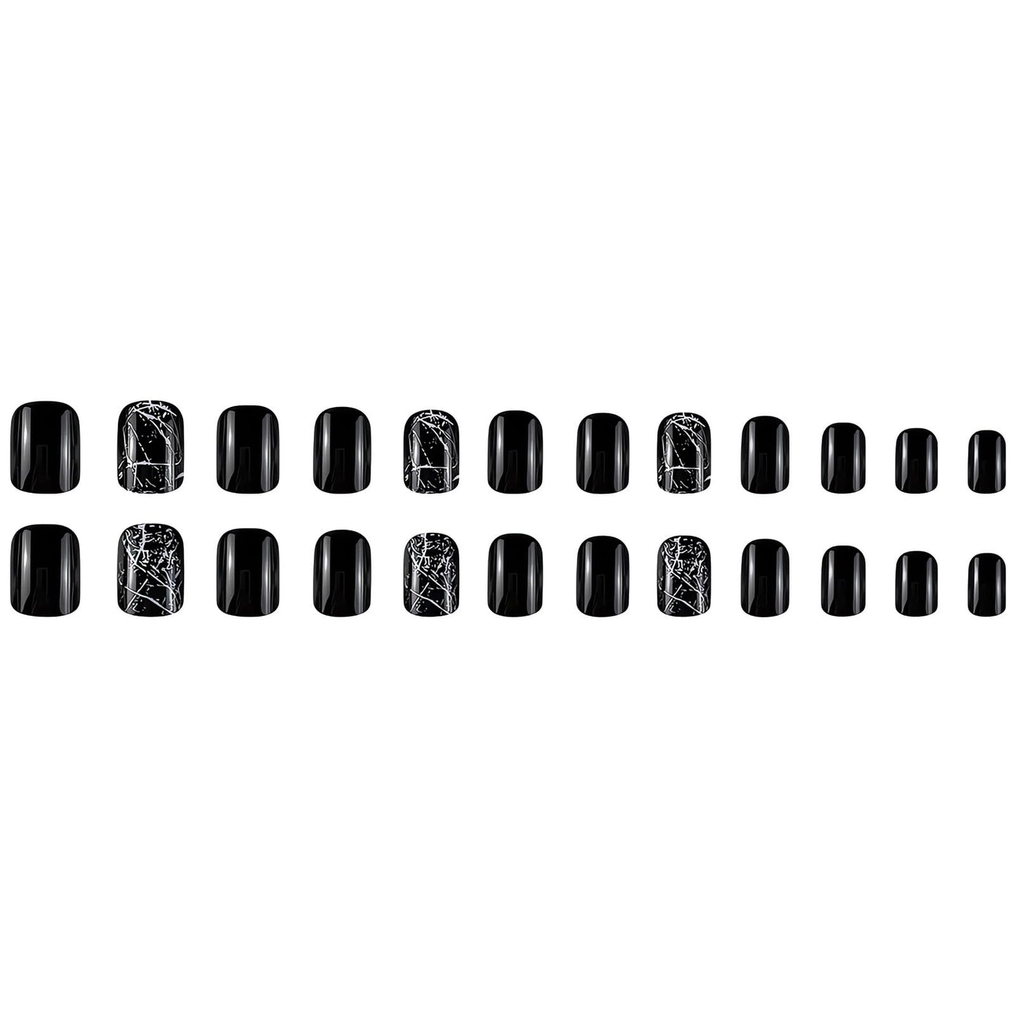 24 Pcs Black Press on Nails Short Square Shape Fake Nails with White Crack Full Cover Designs Cute Short Square Black Stick on Nails Reusable Nails Press ons for Finger Manicure Tips Decorations