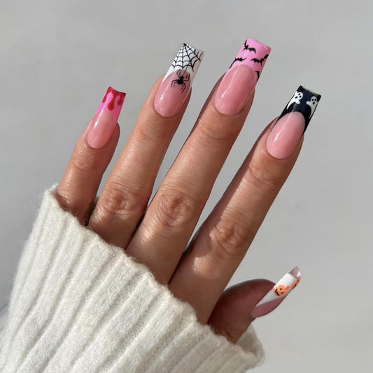 24pcs Halloween Fake Nails Long Square Press on Nails Mixed Designs Halloween Acrylic Nails Full Cover Ghost Pumpkin Bat Blood Spider Web Glue on Nails Halloween Stick on Nails for Women and Girls