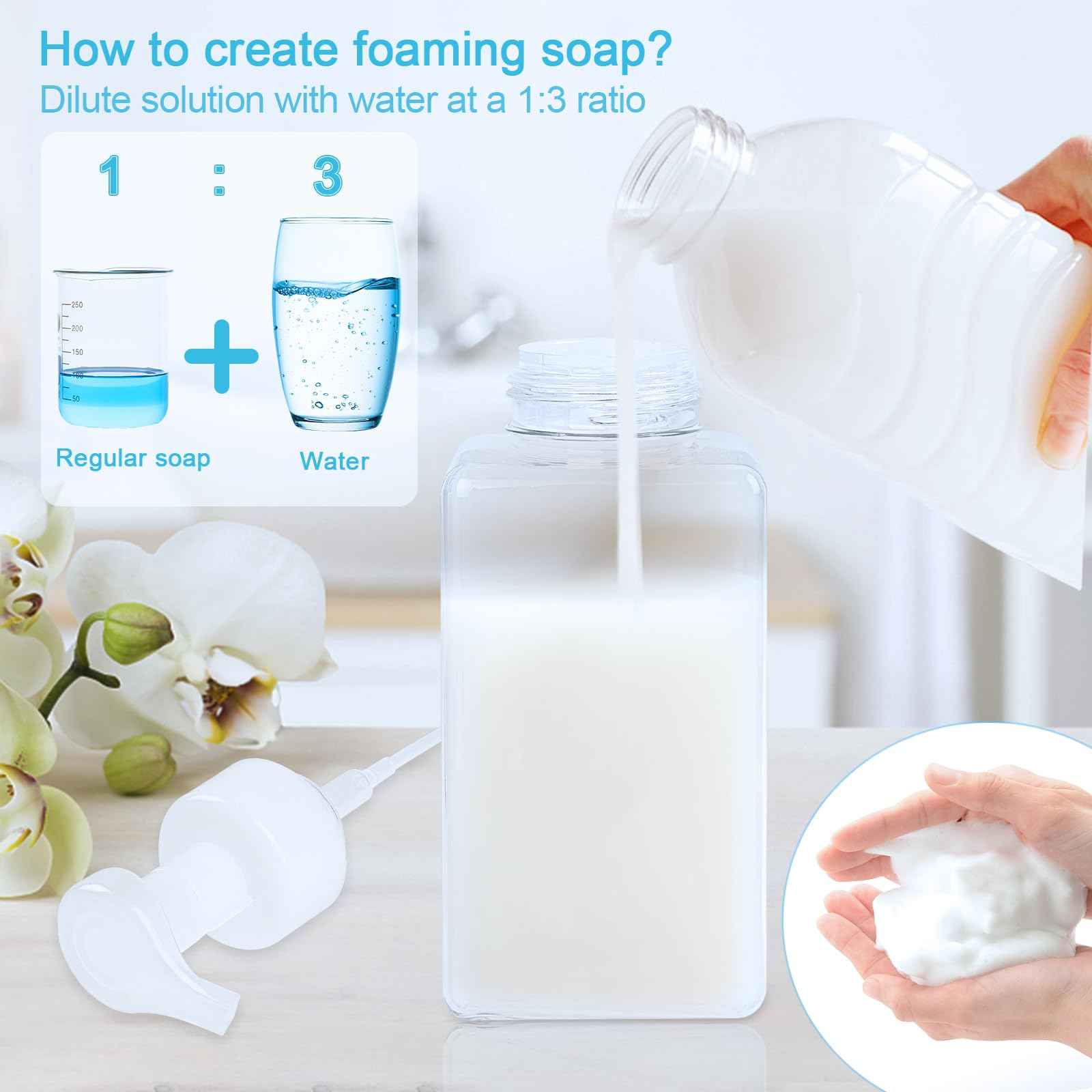 Foaming Soap Dispenser 15oz/450ml Clear Empty Foam Soap Dispensers, Square Refillable Plastic Foaming Hand Soap Dispenser Soap Pump for Liquid Soap, Shampoo, Body Wash(4 Pack)