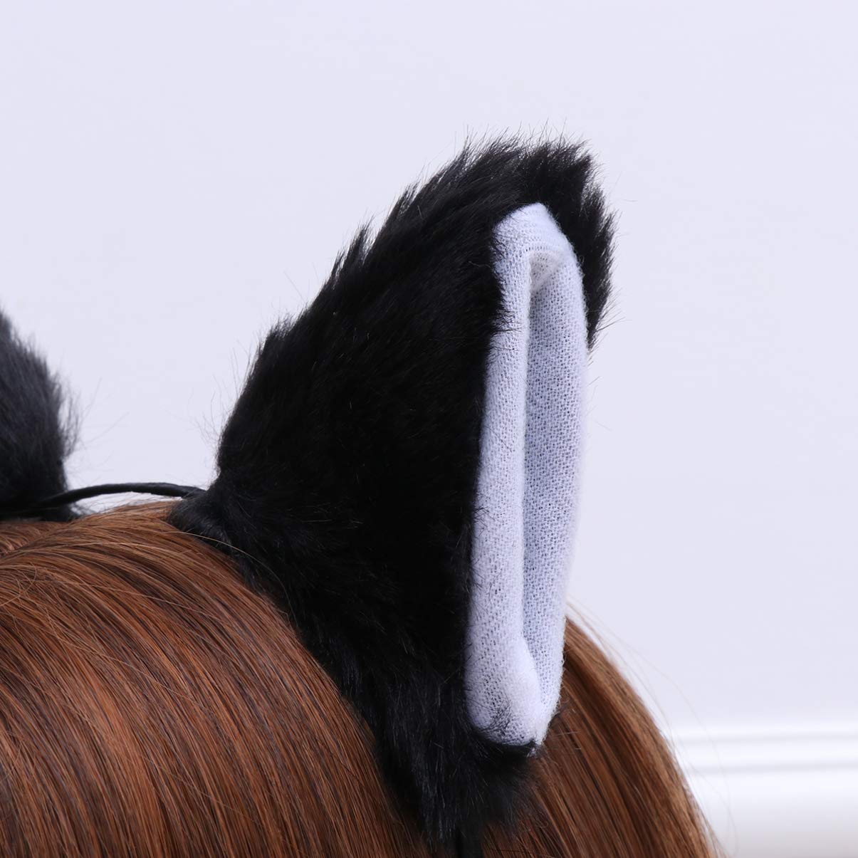 Lurrose Cat Fox Long Fur Ears Headband Cosplay Party Costume Hairbands Cut Plush Hair Hoop Headdress for Women Girls Black