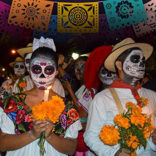 4 Pcs Day of The Dead Sugar Skull Face Temporary Tattoo Halloween Makeup Tattoo Stickers for Halloween Masquerade Party with 1 Rose Red Flower Crown Headband