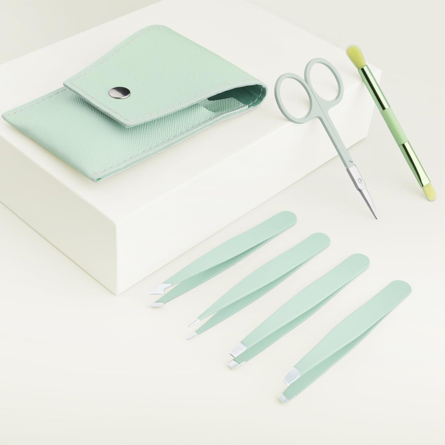 Tweezer Set, 6 Pcs Tweezers Set for Women, Precision Tweezer for Eyebrows with Curved Scissors, Eyebrow Grooming Kit for Ingrown Hair with Leather Case, Mint Green