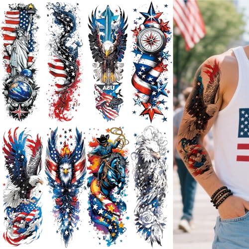 8 Sheets Independence Day Temporary Tattoo, 4th of July Patriotic Sleeve Tattoo, American Flag Fake Tattoos, Red White and Blue Party Supplies, Labor Day, Memorial Day, USA Flag
