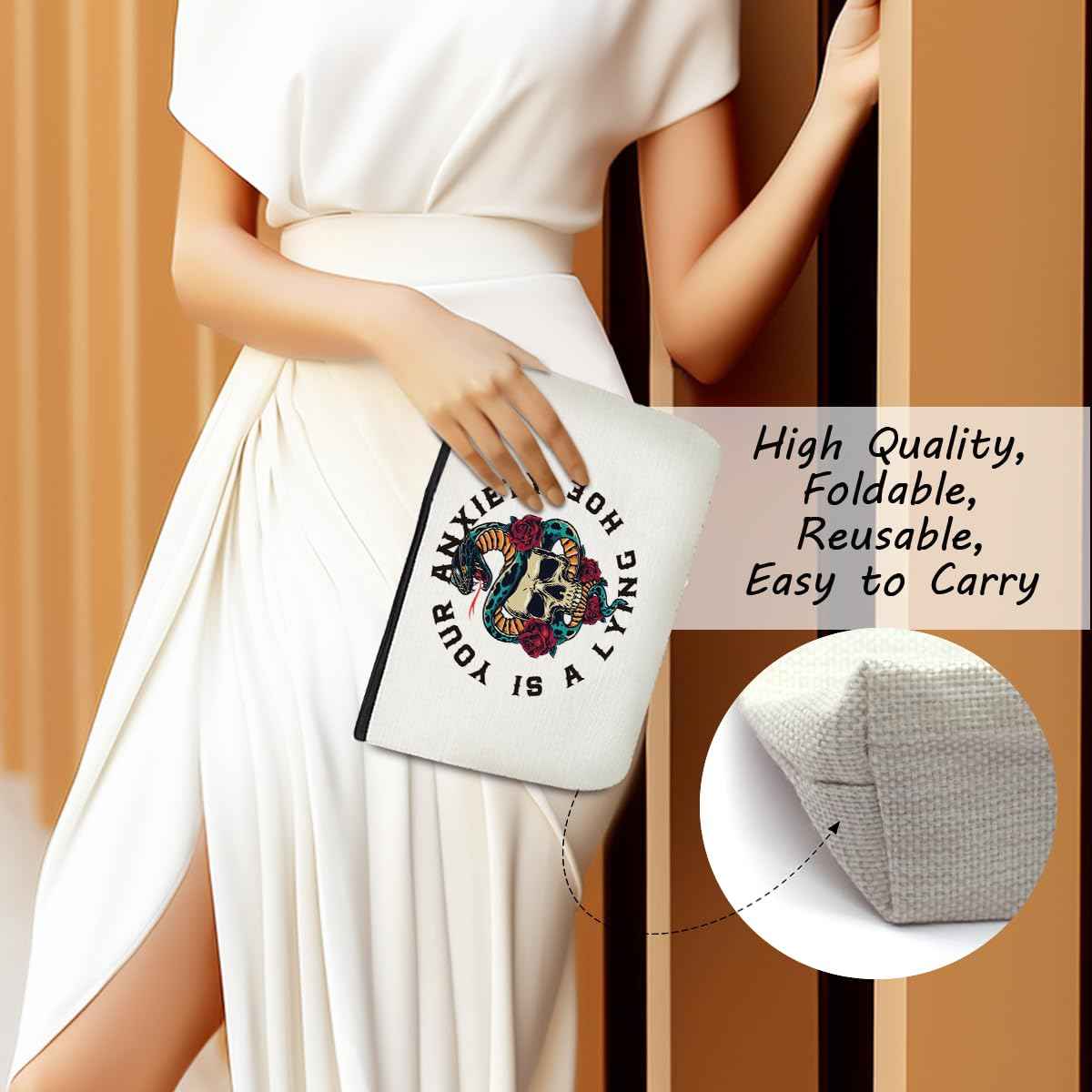 Mental Health Makeup Bag Cosmetic Bags Skull Decor Travel Toiletry Bag Mental Health Gifts Zipper Pouch Inspirational Gifts for Women Girls Sisters Psychologist Therapist Counselor Medical Personnel