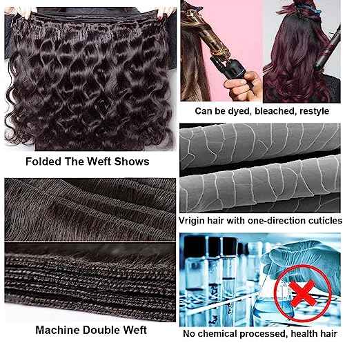 Bundles with Closure Human Hair (14 16 18+12) Body Wave 3 Bundles with 5x5 HD Closure 100% Human Hair 12A Unprocessed Virgin Hair Natural Black