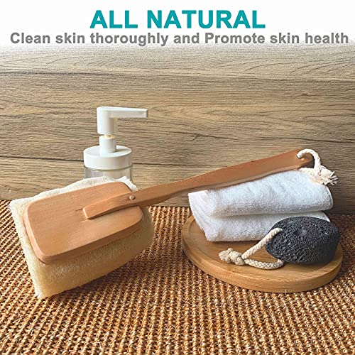 6 pcs/Set - 4 Natural Exfoliating Loofah luffa loofa Bath Brush On a Stick - with Long Wooden Handle Back Brush for Men & Women - 2 XL Large Exfoliating Body Pad - Shower Sponge Body Back Scrubber