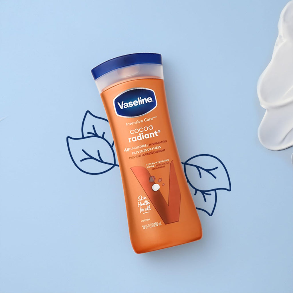 Vaseline Intensive Care Cocoa Radiant – Hand & Body Moisturizer with Cocoa Butter, Shea & Petroleum Jelly, Healing Lotion for Extremely Dry Skin, 10 Oz
