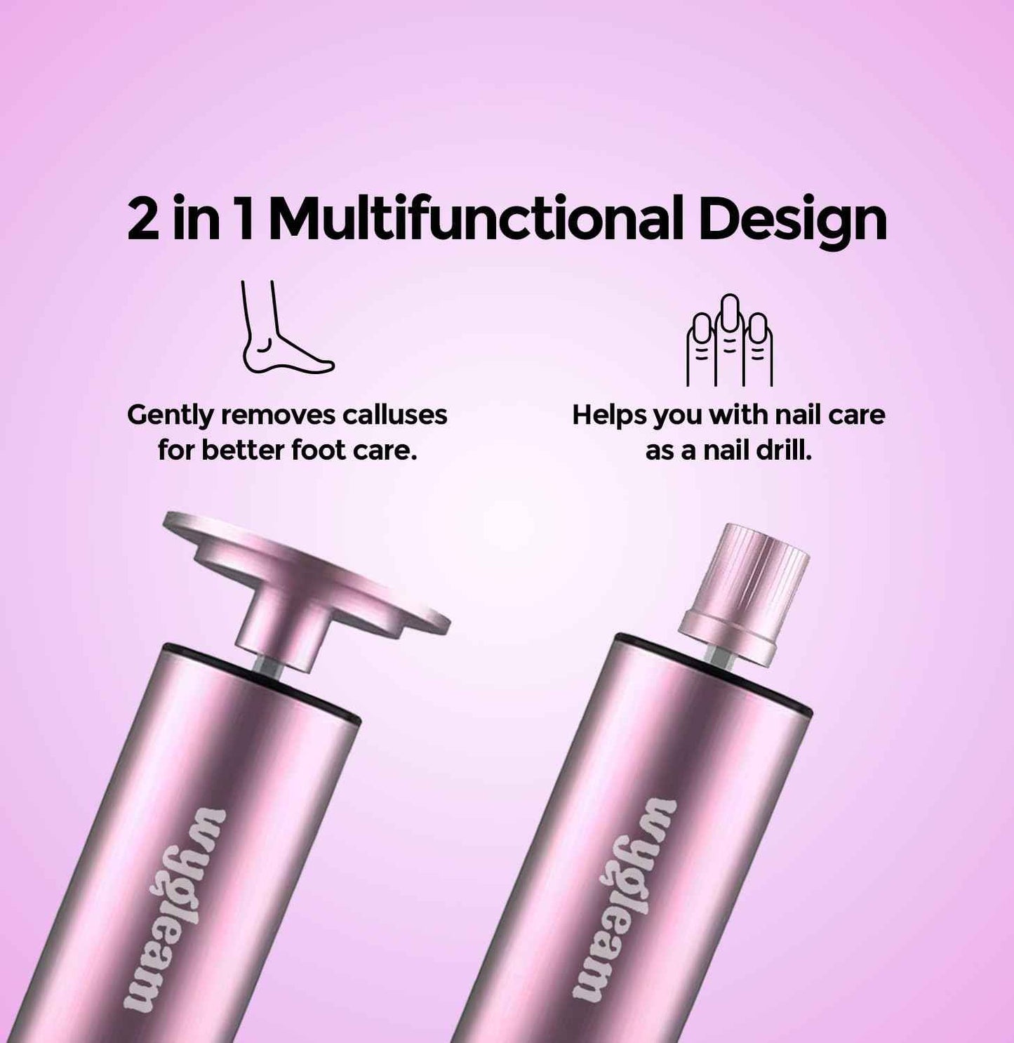 Wygleam Electric Callus Remover for Feet & Nail File Drill Kit - 2 in 1 Rechargeable Pedicure Tools for Flawless Feet - Professional Foot File with 3 Speeds for Dead Skin Removal - at Home Pedicure