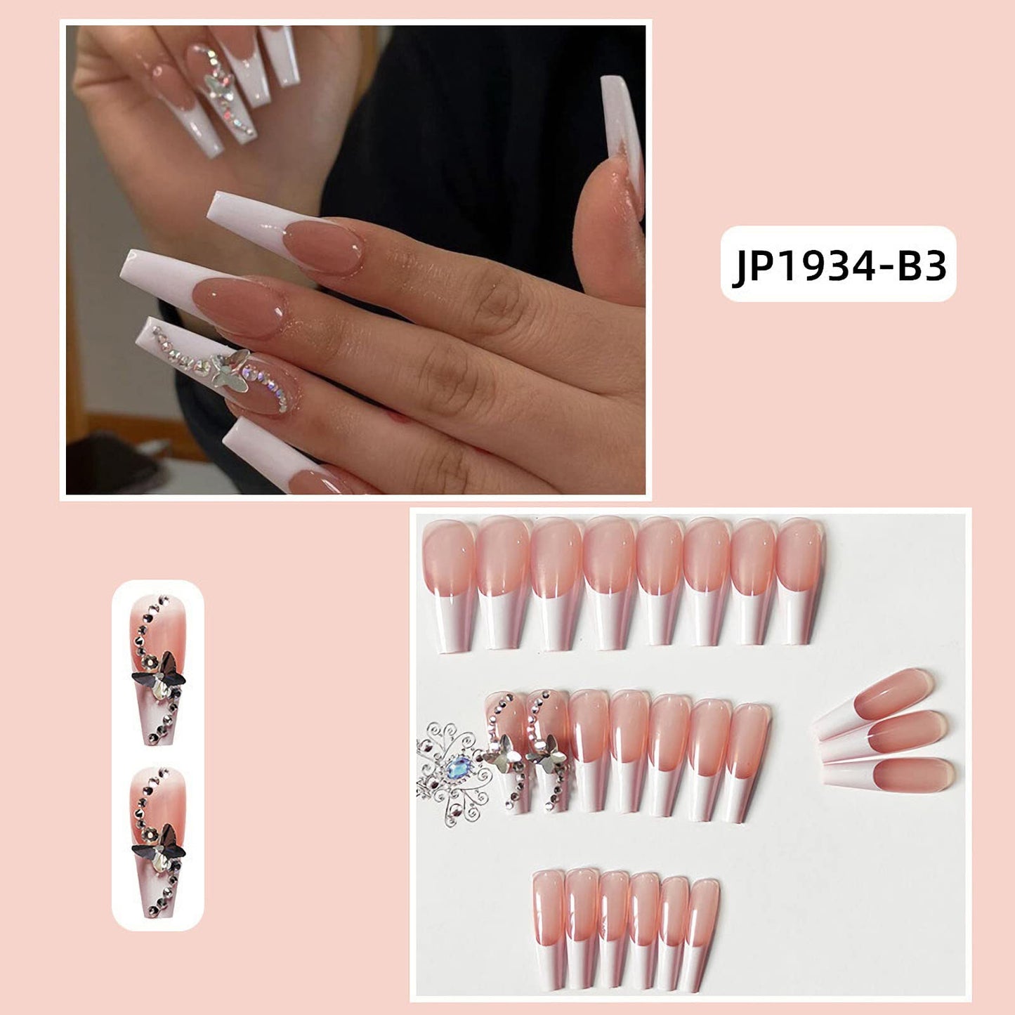 SINSEN 24 Pcs Press on Nails Long Fake Nails Acrylic Ballet French White Butterfly Glue on Nails Full Cover False Nails for Women and Girls