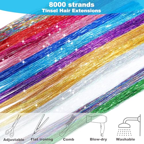 Hair Tinsel Kit 20 Colors - 8000 Strands 48 Inch with Tools