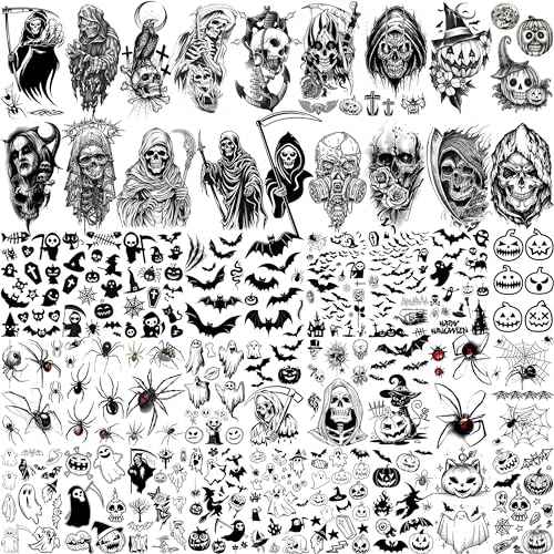 61 Sheets Halloween Temporary Tattoos for Men Women Adults, 12 Sheets Skeleton Death Skull Demon Devil Half Arm Sleeve Fake Tattoo Stickers, 49 Sheets Spider Web Bat Snake Vampire Scar Face Tattoos
