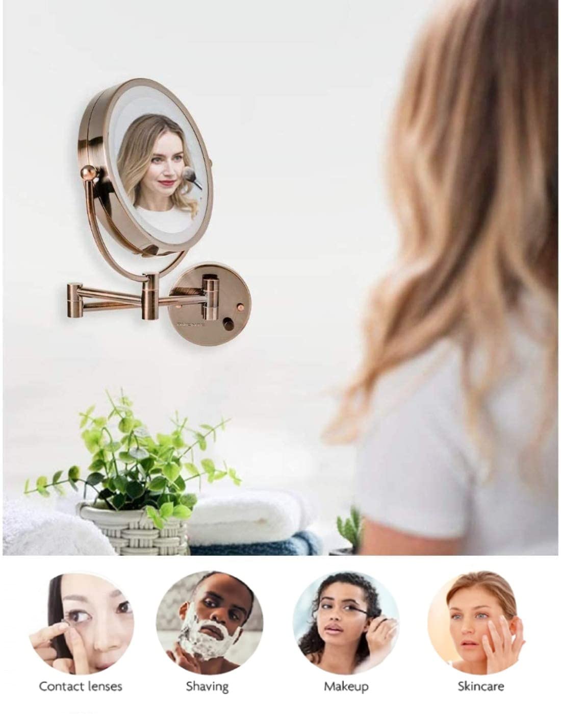 OVENTE 9" Lighted Wall Mount Makeup Mirror - 1X/ 7X Magnification, Hardwired Glow Cosmetic Light up Mirror, Spinning 360-Degree, Double Sided LED, Extendable, Folding Arm, Antique Brass MPWD3185AB1X7X