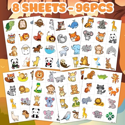 Zoo Pre-cut Temporary Tattoos (8 Sheets 96PCS) Jungles Party Decorations Supplies Favors Safari Animals Theme Birthday Cute Stickers Christmas Gifts for Boys Girls Class School Prizes Carnival