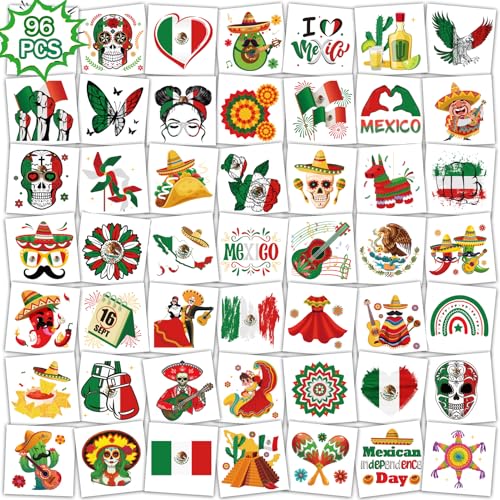 Mexican Independence Day Temporary Tattoos,96pcs Pre-cut Individually Mexico Flag Themed Face Tattoo Stickers for September 16th Viva Mexican Party Decorations Favors Suppy