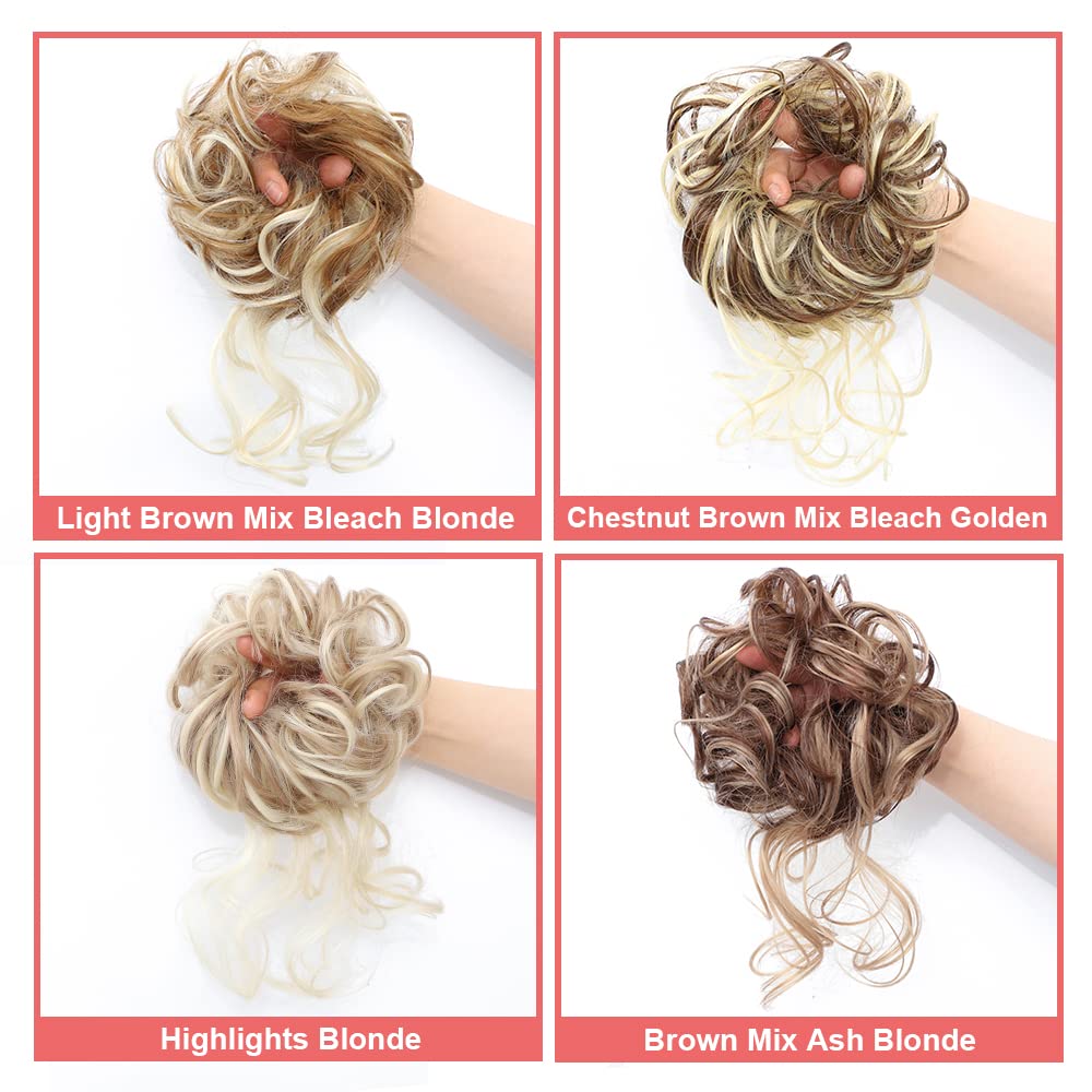 KETHBE Messy Bun Hair Piece Tousled Updo Hair Buns Extension Elastic Hair Band Hair Pieces Curly Hair Bun Scrunchie For Women (Brown Mix Ash Blonde)