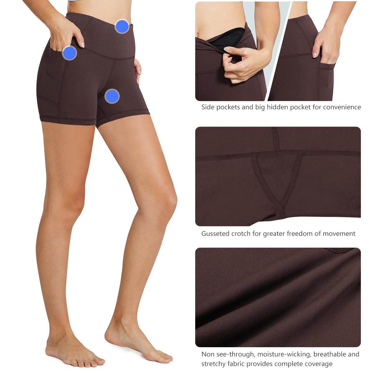 BALEAF Biker Shorts Women Yoga Gym Workout Spandex Running Volleyball Tummy Control Compression Shorts with Pockets 5" Brown XS